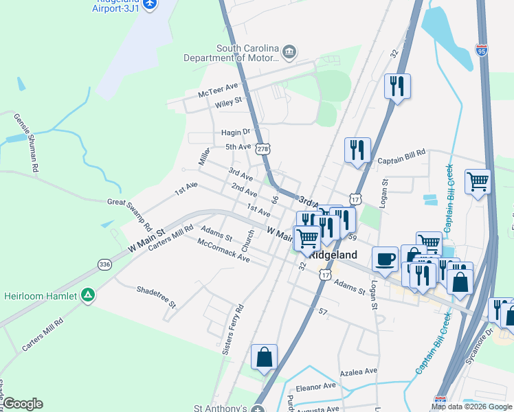 map of restaurants, bars, coffee shops, grocery stores, and more near 256 Russell Street in Ridgeland