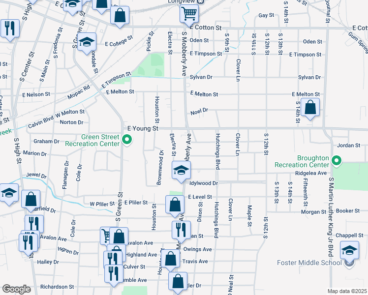 map of restaurants, bars, coffee shops, grocery stores, and more near 606 Electra Street in Longview