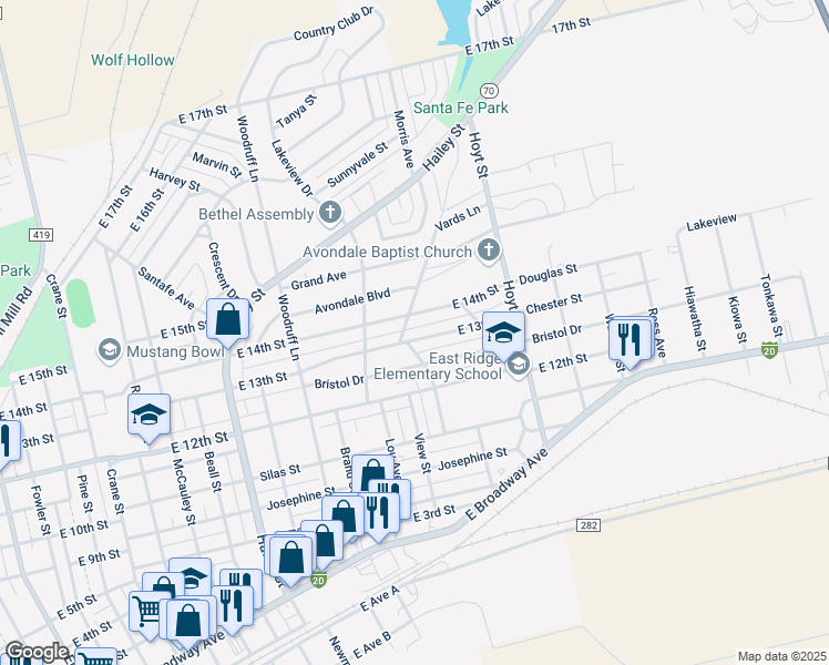 map of restaurants, bars, coffee shops, grocery stores, and more near 1603 East 14th Street in Sweetwater