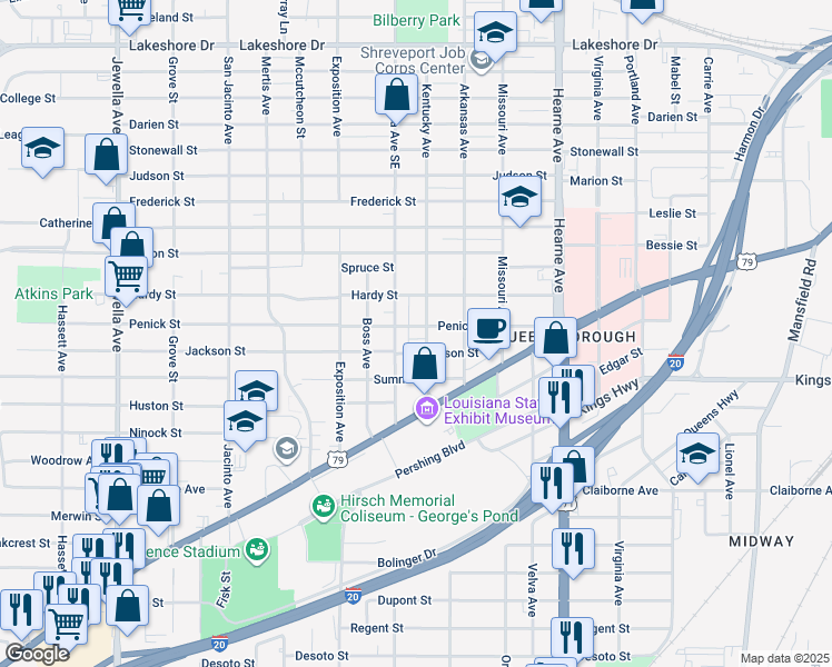 map of restaurants, bars, coffee shops, grocery stores, and more near 2921 Alabama Avenue in Shreveport