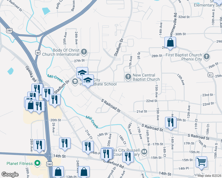 map of restaurants, bars, coffee shops, grocery stores, and more near 1903 24th Street in Phenix City