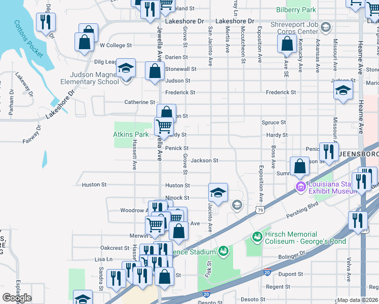 map of restaurants, bars, coffee shops, grocery stores, and more near 3550 Penick Street in Shreveport