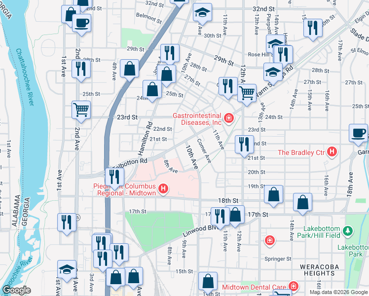 map of restaurants, bars, coffee shops, grocery stores, and more near 910 Talbotton Road in Columbus