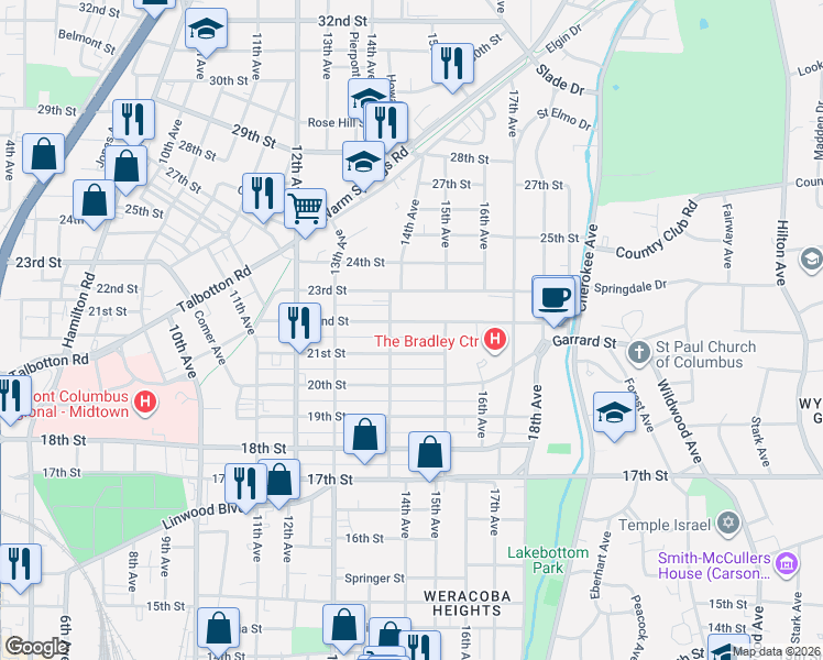 map of restaurants, bars, coffee shops, grocery stores, and more near 1418 22nd Street in Columbus