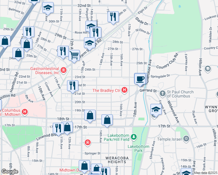 map of restaurants, bars, coffee shops, grocery stores, and more near 1440 22nd Street in Columbus