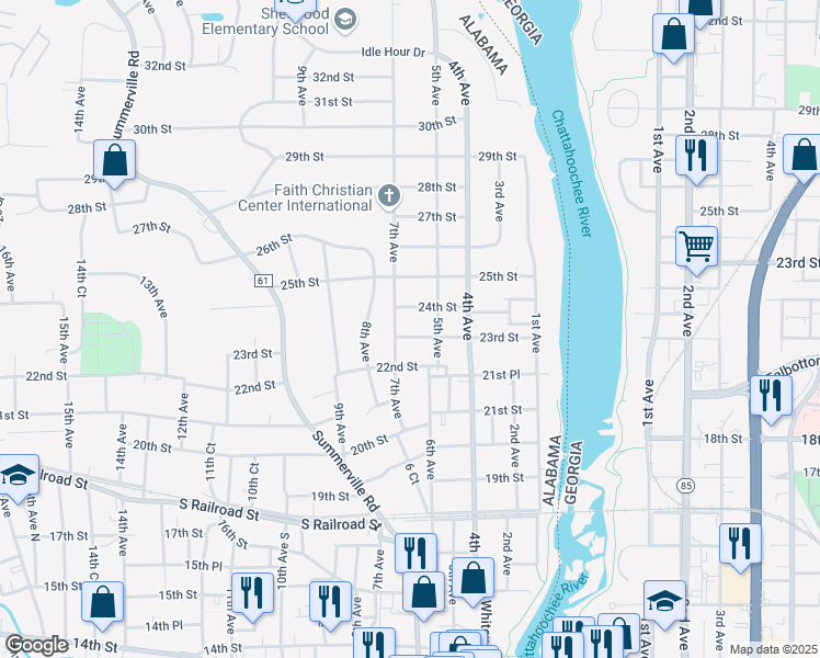 map of restaurants, bars, coffee shops, grocery stores, and more near 503 24th Street in Phenix City