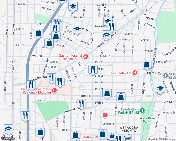 map of restaurants, bars, coffee shops, grocery stores, and more near 1114 22nd Street in Columbus