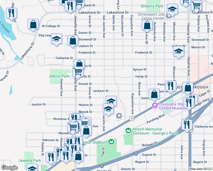 map of restaurants, bars, coffee shops, grocery stores, and more near 3453 Penick Street in Shreveport
