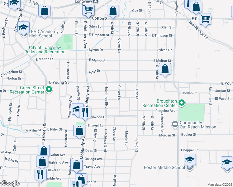 map of restaurants, bars, coffee shops, grocery stores, and more near 615 Oakdale Avenue in Longview