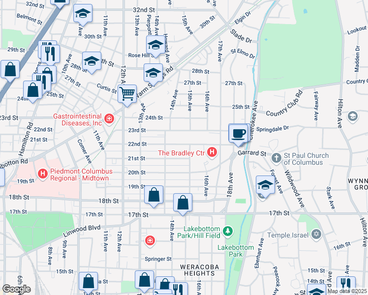 map of restaurants, bars, coffee shops, grocery stores, and more near 1436 22nd Street in Columbus