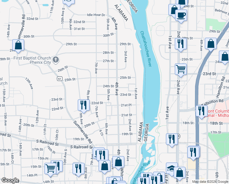 map of restaurants, bars, coffee shops, grocery stores, and more near 2309 4th Avenue in Phenix City