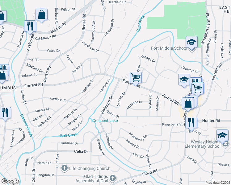 map of restaurants, bars, coffee shops, grocery stores, and more near 2329 Wellborn Drive in Columbus