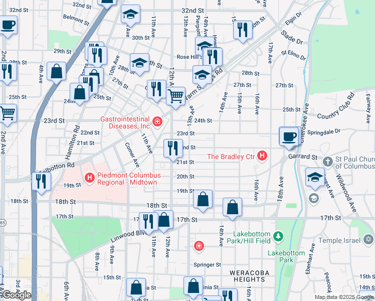 map of restaurants, bars, coffee shops, grocery stores, and more near 1209 22nd Street in Columbus