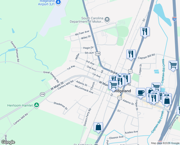 map of restaurants, bars, coffee shops, grocery stores, and more near 314 1st Avenue in Ridgeland