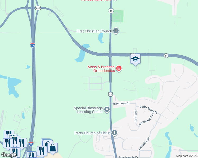 map of restaurants, bars, coffee shops, grocery stores, and more near 110 Ousley Way in Perry