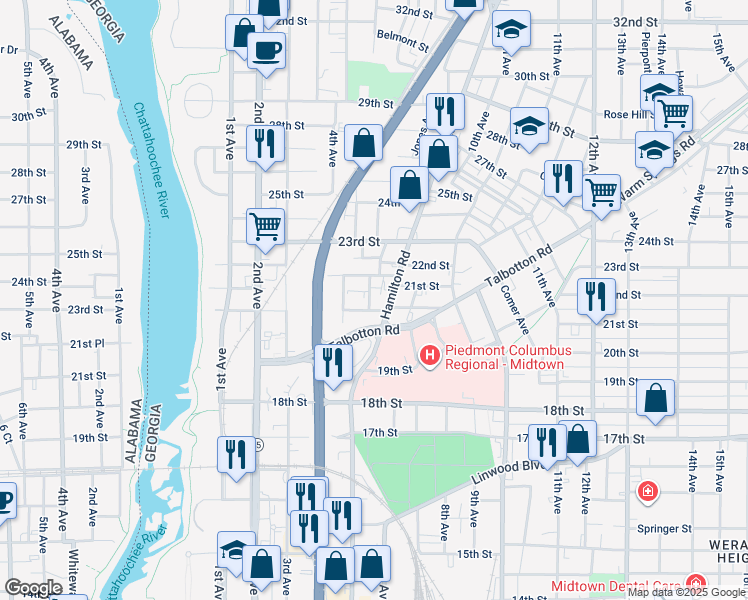 map of restaurants, bars, coffee shops, grocery stores, and more near 2021 6th Avenue in Columbus