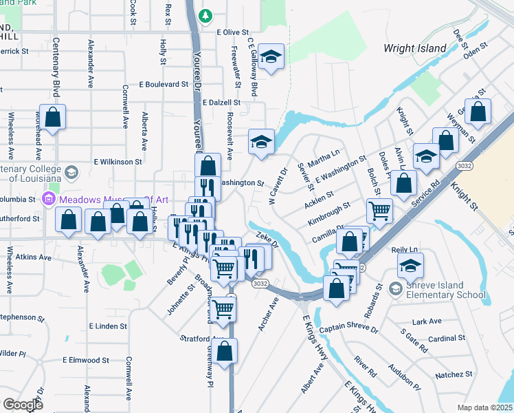 map of restaurants, bars, coffee shops, grocery stores, and more near 2808 West Cavett Drive in Shreveport