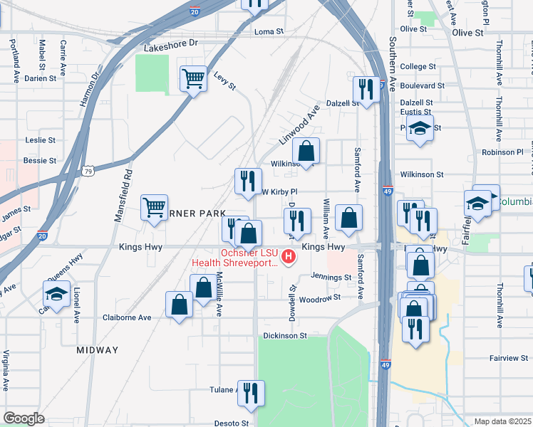 map of restaurants, bars, coffee shops, grocery stores, and more near 1524 Glen Oak Place in Shreveport