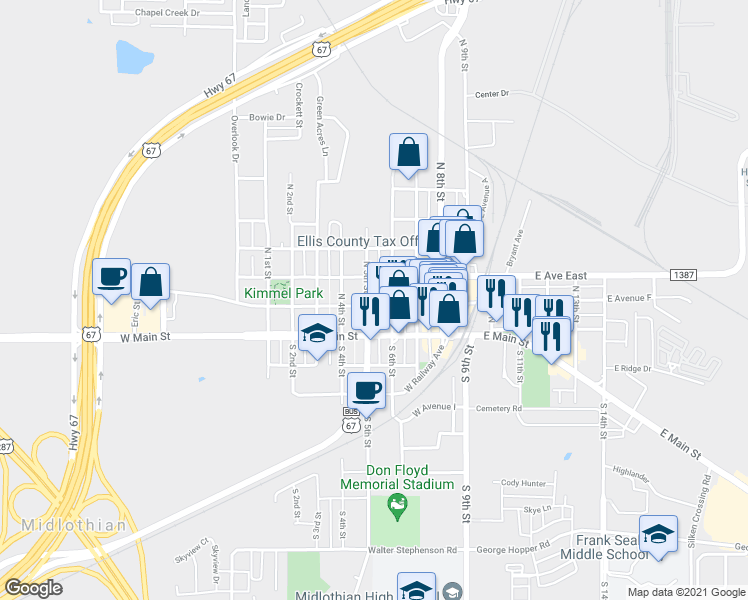 map of restaurants, bars, coffee shops, grocery stores, and more near 417 West Avenue F in Midlothian