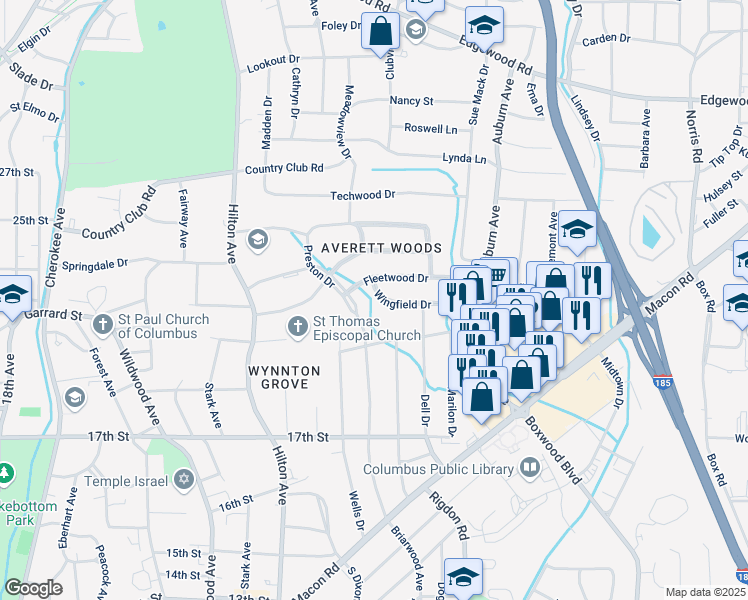 map of restaurants, bars, coffee shops, grocery stores, and more near 2714 Fleetwood Drive in Columbus