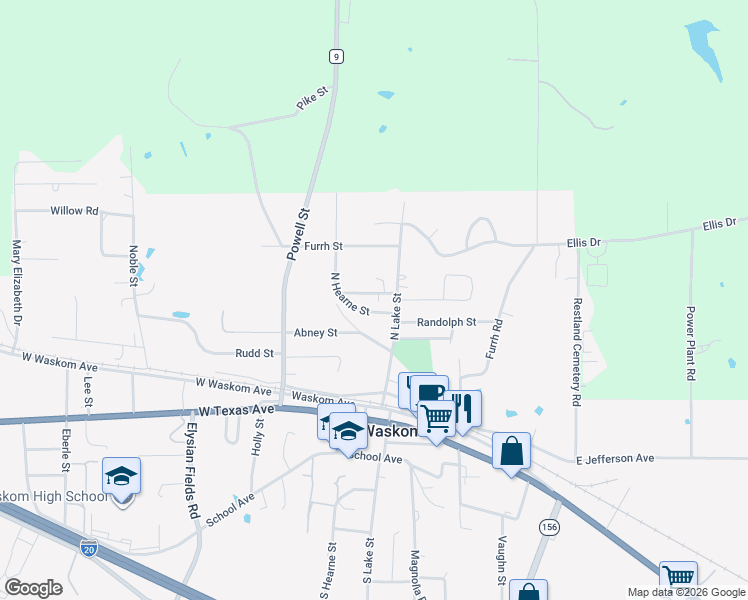 map of restaurants, bars, coffee shops, grocery stores, and more near 170 Bryson Street in Waskom