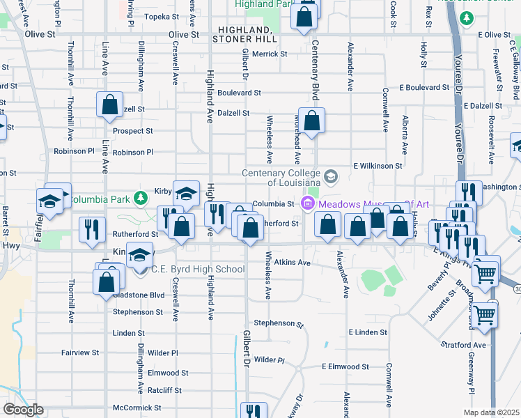map of restaurants, bars, coffee shops, grocery stores, and more near 312 Columbia Street in Shreveport