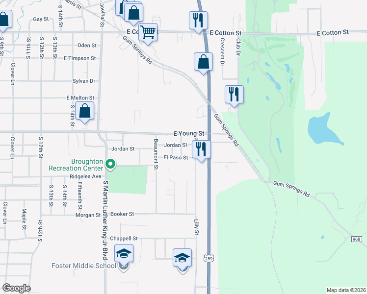 map of restaurants, bars, coffee shops, grocery stores, and more near 1500 Jordan Street in Longview