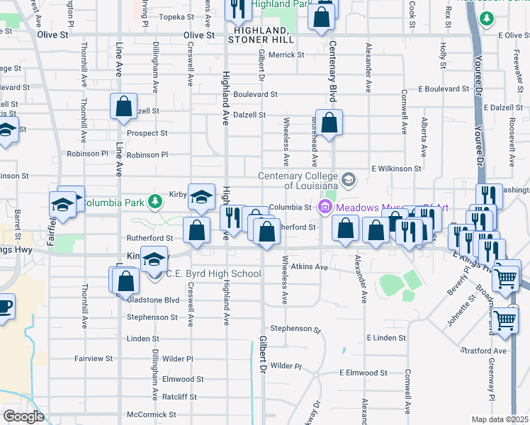 map of restaurants, bars, coffee shops, grocery stores, and more near 312 Columbia Street in Shreveport