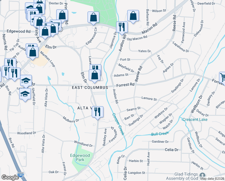 map of restaurants, bars, coffee shops, grocery stores, and more near 4214 Forrest Road in Columbus