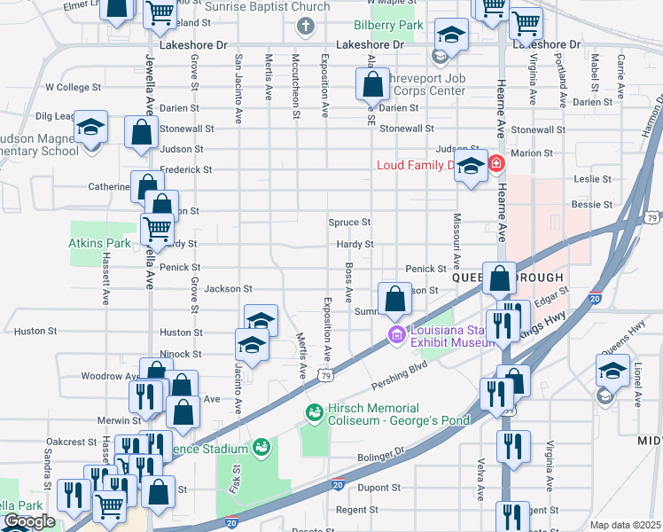 map of restaurants, bars, coffee shops, grocery stores, and more near 2935 Exposition Avenue in Shreveport