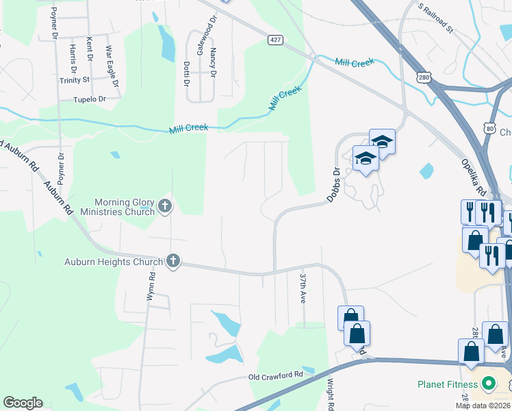 map of restaurants, bars, coffee shops, grocery stores, and more near 2407 Ridge Wood Drive in Phenix City
