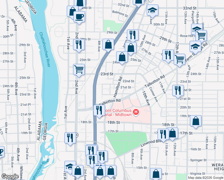 map of restaurants, bars, coffee shops, grocery stores, and more near 2021 6th Avenue in Columbus