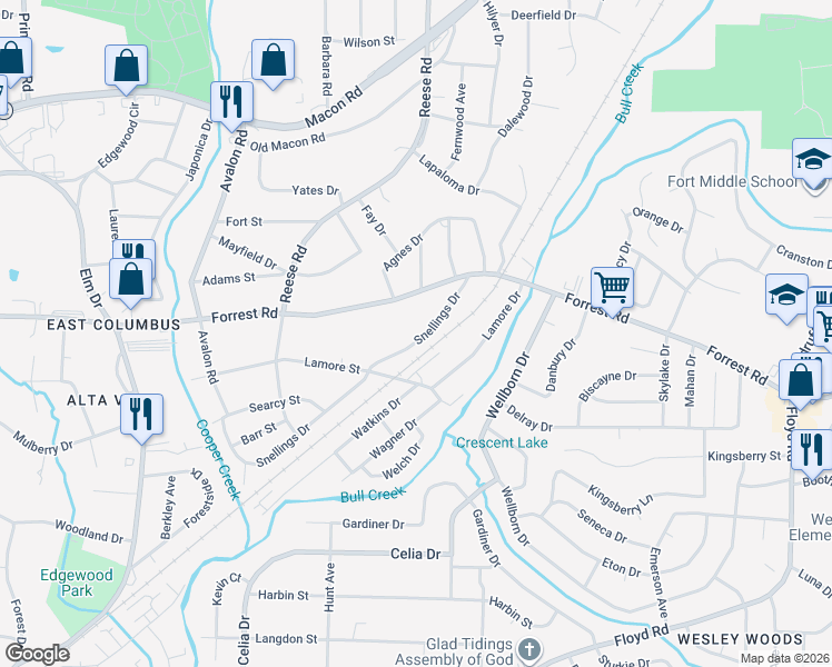 map of restaurants, bars, coffee shops, grocery stores, and more near 2137 Snellings Drive in Columbus