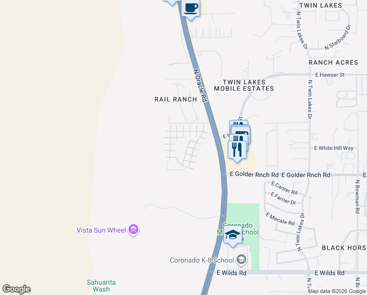 map of restaurants, bars, coffee shops, grocery stores, and more near 15301 North Oracle Road in Tucson