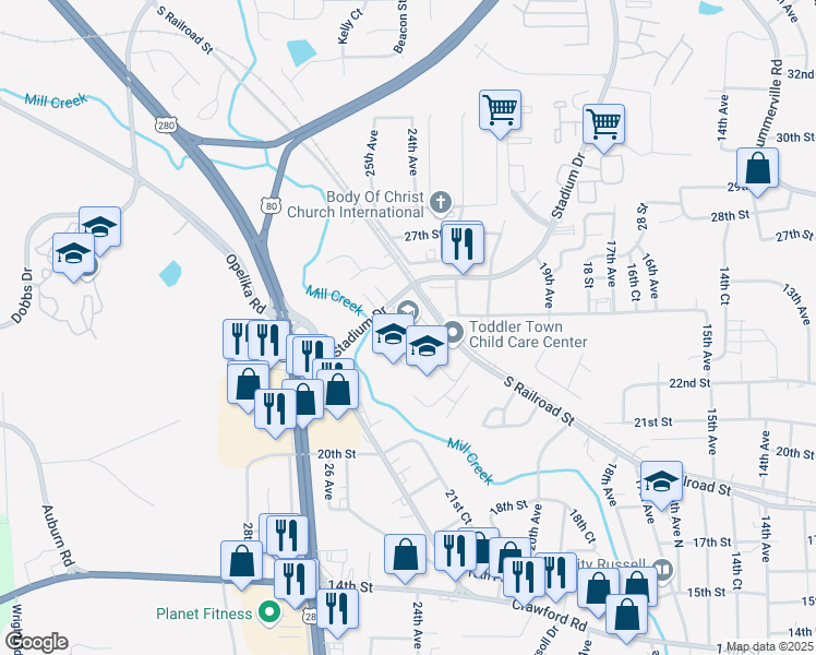 map of restaurants, bars, coffee shops, grocery stores, and more near 2401 South Railroad Street in Phenix City