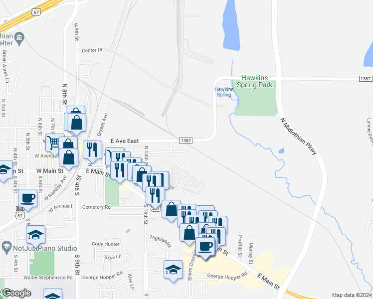 map of restaurants, bars, coffee shops, grocery stores, and more near 711 East Avenue F in Midlothian