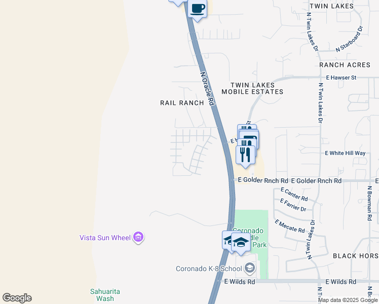 map of restaurants, bars, coffee shops, grocery stores, and more near 15301 North Oracle Road in Tucson