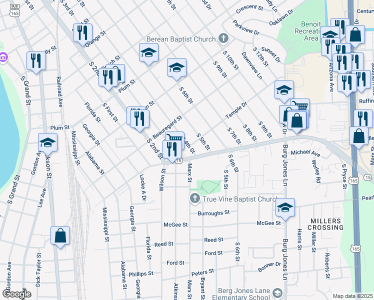 map of restaurants, bars, coffee shops, grocery stores, and more near 800-898 Temple Dr in Monroe
