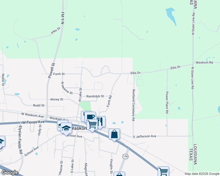 map of restaurants, bars, coffee shops, grocery stores, and more near 590 Furrh Road in Waskom