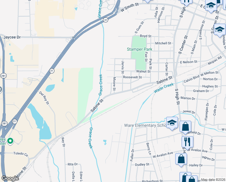 map of restaurants, bars, coffee shops, grocery stores, and more near 709 Augusta Street in Longview
