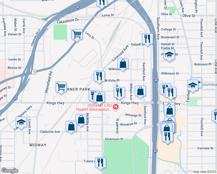 map of restaurants, bars, coffee shops, grocery stores, and more near 1524 Glen Oak Place in Shreveport
