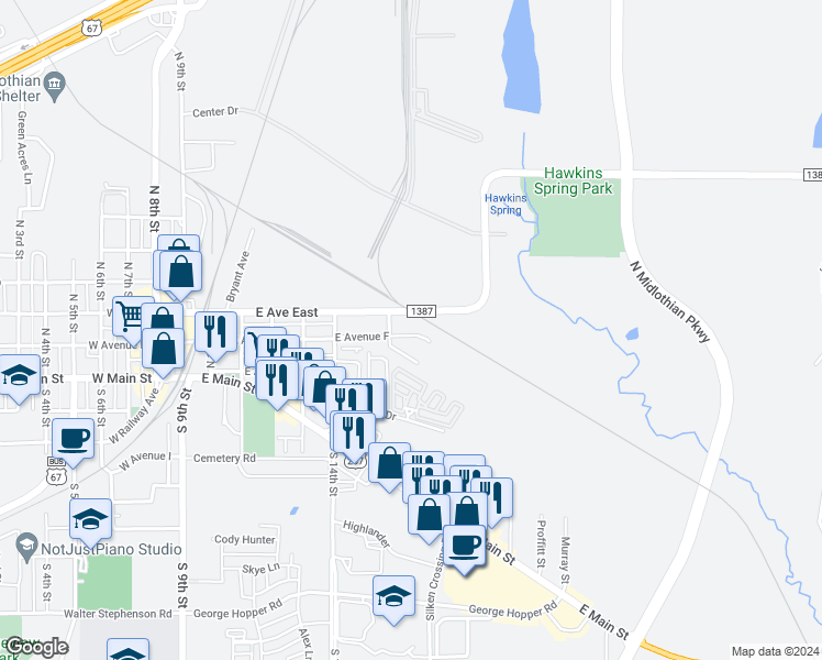 map of restaurants, bars, coffee shops, grocery stores, and more near 707 East Avenue F in Midlothian