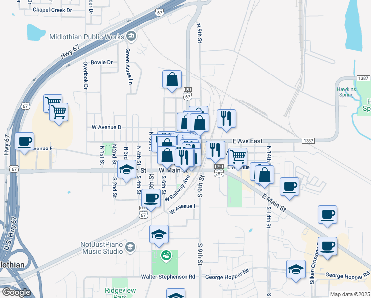 map of restaurants, bars, coffee shops, grocery stores, and more near 207 North 8th Street in Midlothian