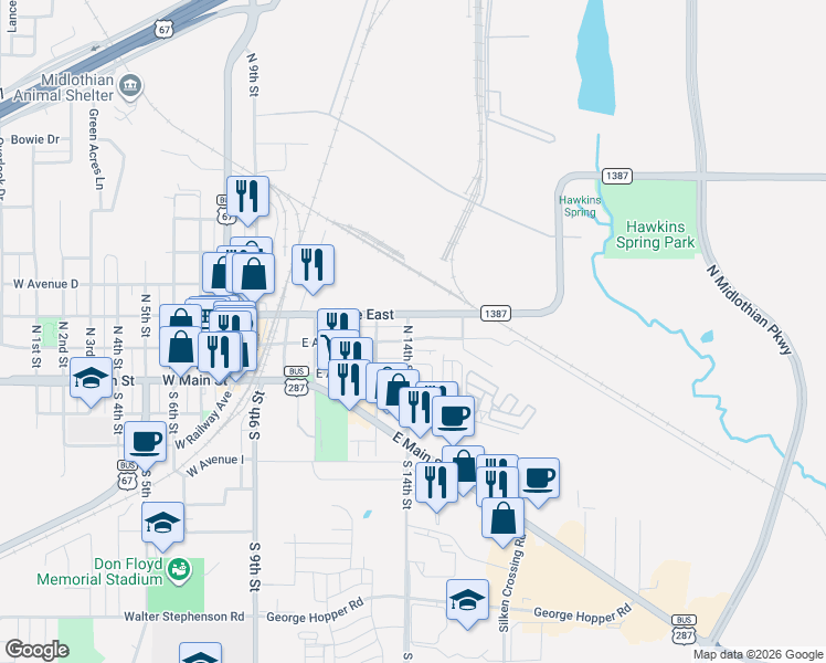 map of restaurants, bars, coffee shops, grocery stores, and more near 604 East Avenue East in Midlothian