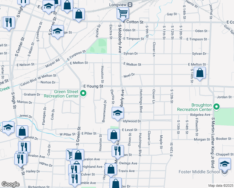 map of restaurants, bars, coffee shops, grocery stores, and more near 606 Electra Street in Longview