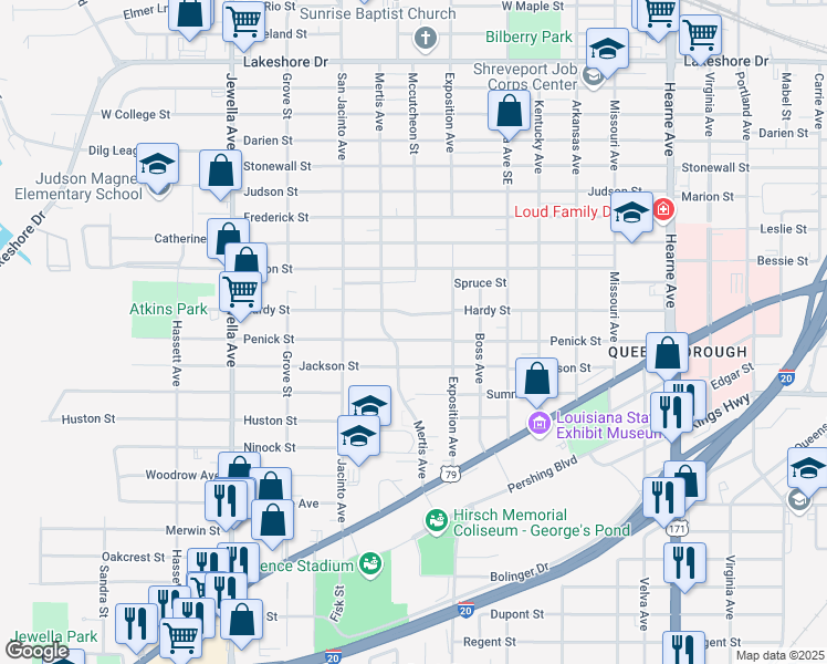 map of restaurants, bars, coffee shops, grocery stores, and more near 3240 Penick Street in Shreveport