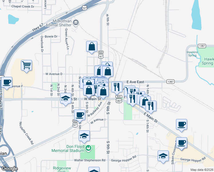 map of restaurants, bars, coffee shops, grocery stores, and more near 104 West Avenue East in Midlothian