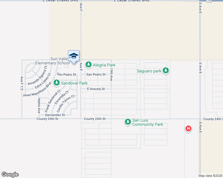 map of restaurants, bars, coffee shops, grocery stores, and more near East Aracely Street in San Luis