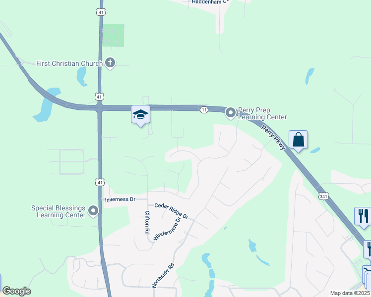 map of restaurants, bars, coffee shops, grocery stores, and more near 110 Londie LN in Perry