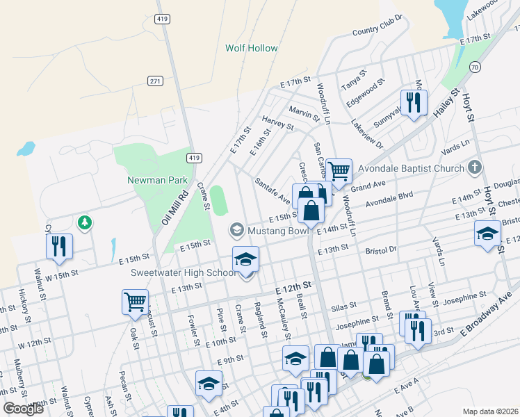 map of restaurants, bars, coffee shops, grocery stores, and more near 1506 McCauley Street in Sweetwater
